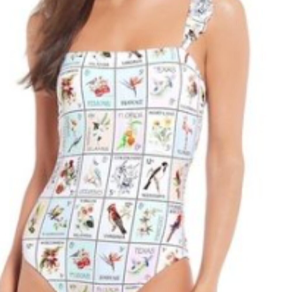 Antonio Melani Wanderlust Ruffle Stamp Print One-Piece Swimsuit - Size Small